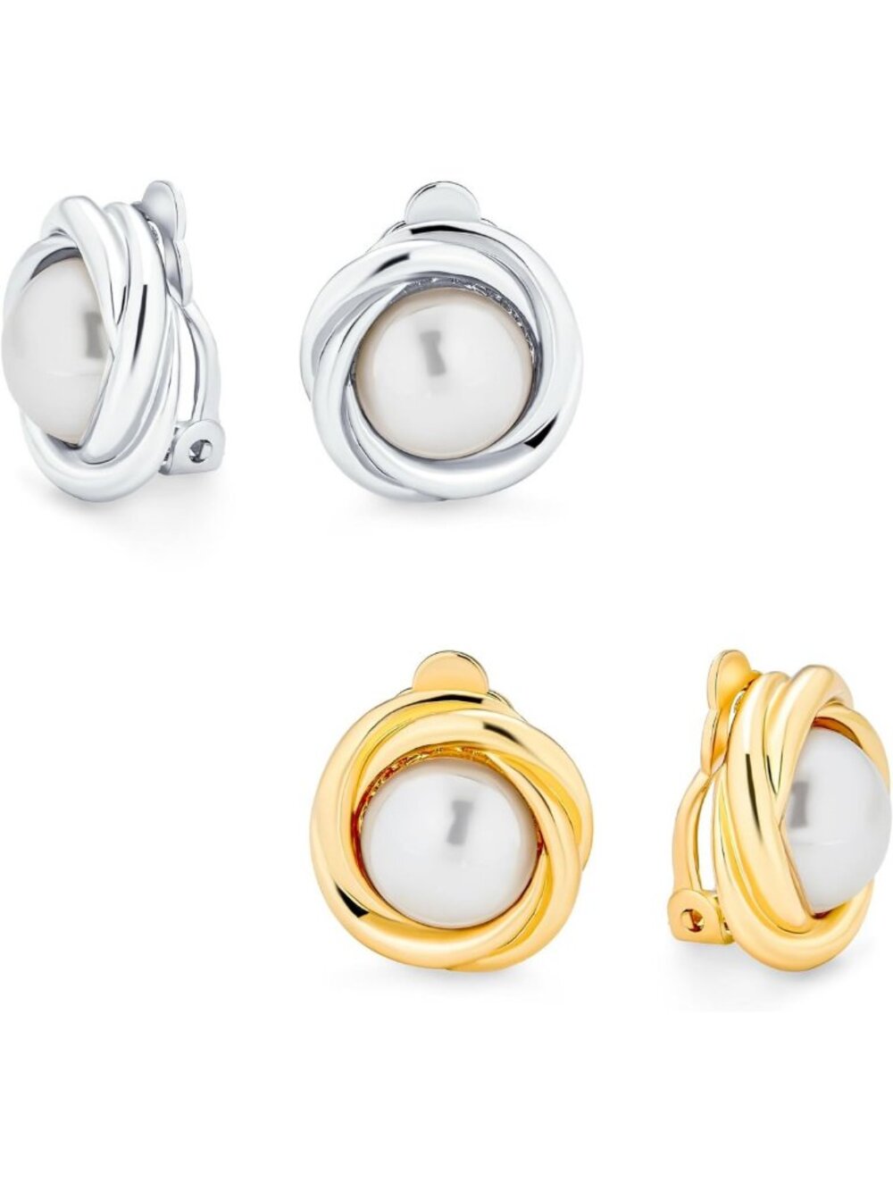Chic Faux Pearl Clip-On Earrings Set - Silver & Gold Plated Button Style